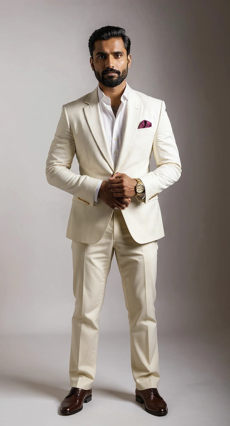 A man with dark hair and a beard, wearing a cream-colored suit with a white dress shirt, brown shoes, and a gold watch, standing confidently against a neutral background.