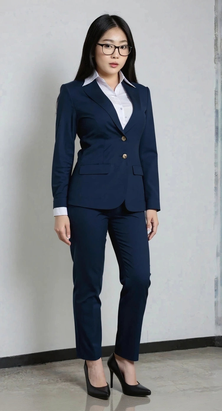 A woman with long black hair wearing glasses, a navy blue business suit, white shirt, and black high heels standing against a plain white wall.
