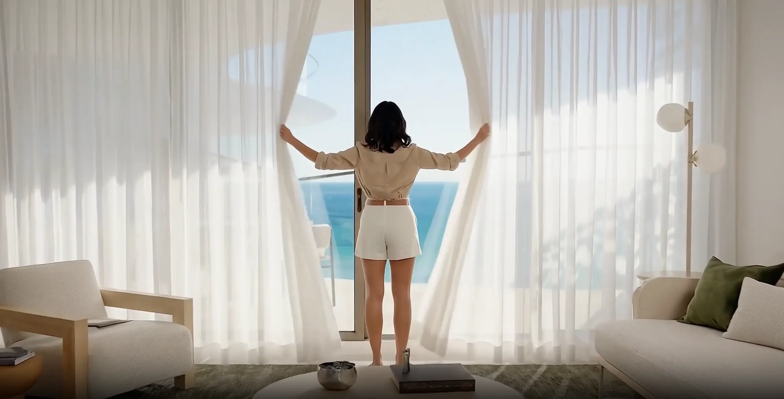 Sydney off the plan campaign AI video showing premium penthouse interior with ocean views.