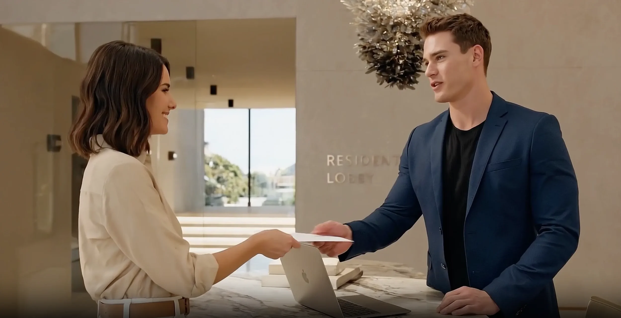 Melbourne real estate AI generation asset showing modern multi-residential building concierge desk and reception lobby.