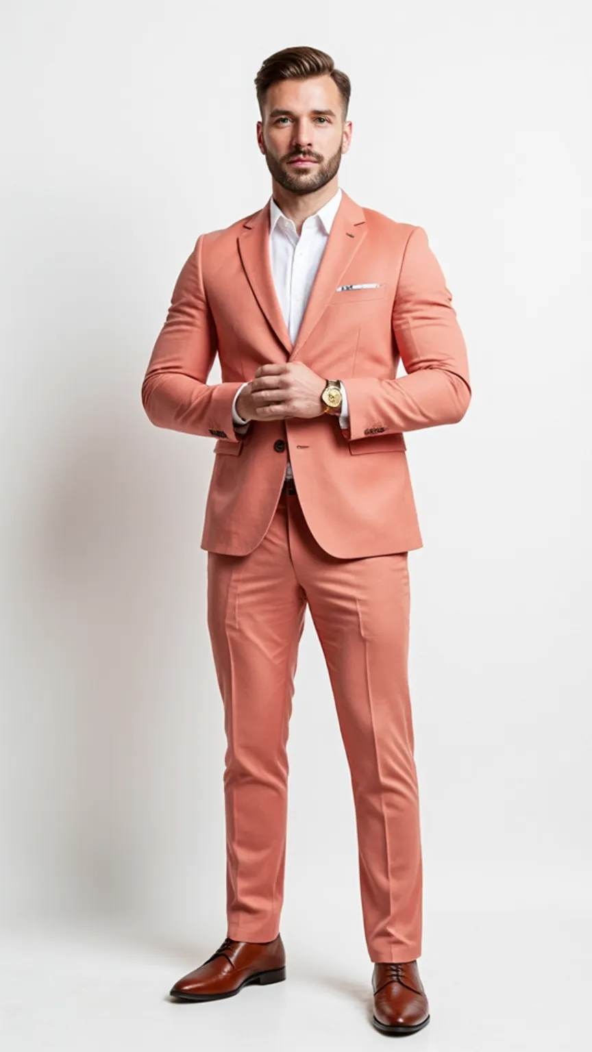 A man wearing a salmon-colored suit with a white dress shirt, brown dress shoes, and a gold watch, standing against a plain white background with a serious expression.