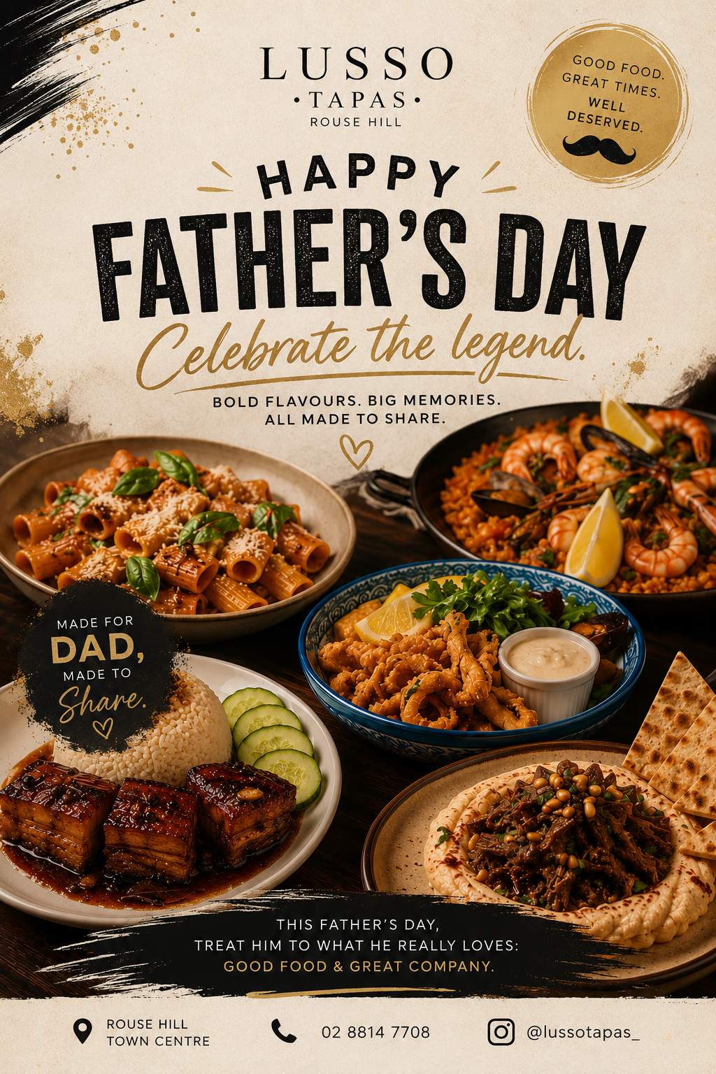 A Father's Day promotional flyer featuring images of Italian dishes including pasta, shrimp paella, chicken with rice, and beef with vegetables, with text celebrating dads and their favorite foods at Lusso Tapas Rouse Hill.