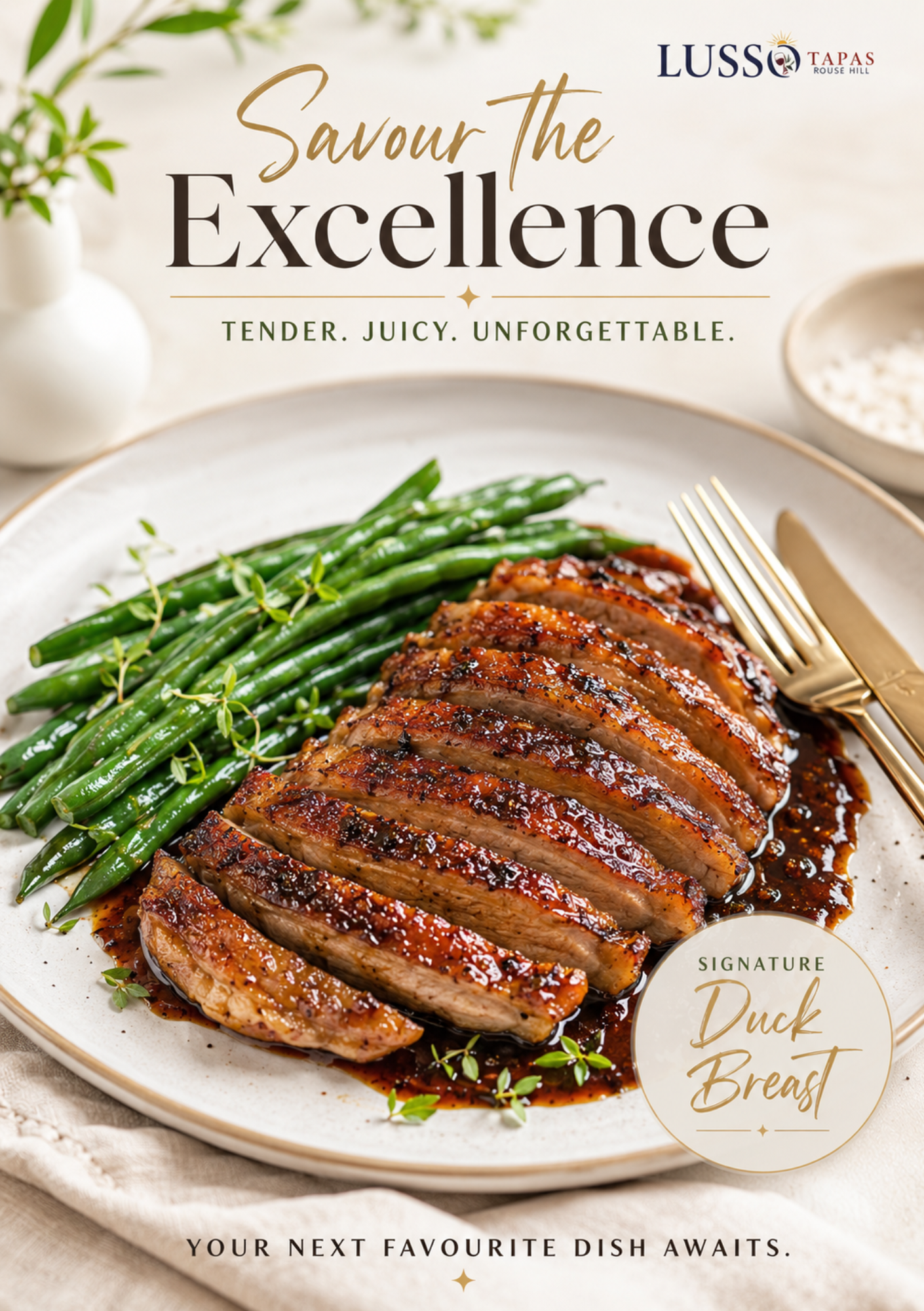 Plate of sliced duck breast with sauce, green beans, and fresh herbs, with promotional text about savoring excellence and next favorite dish.