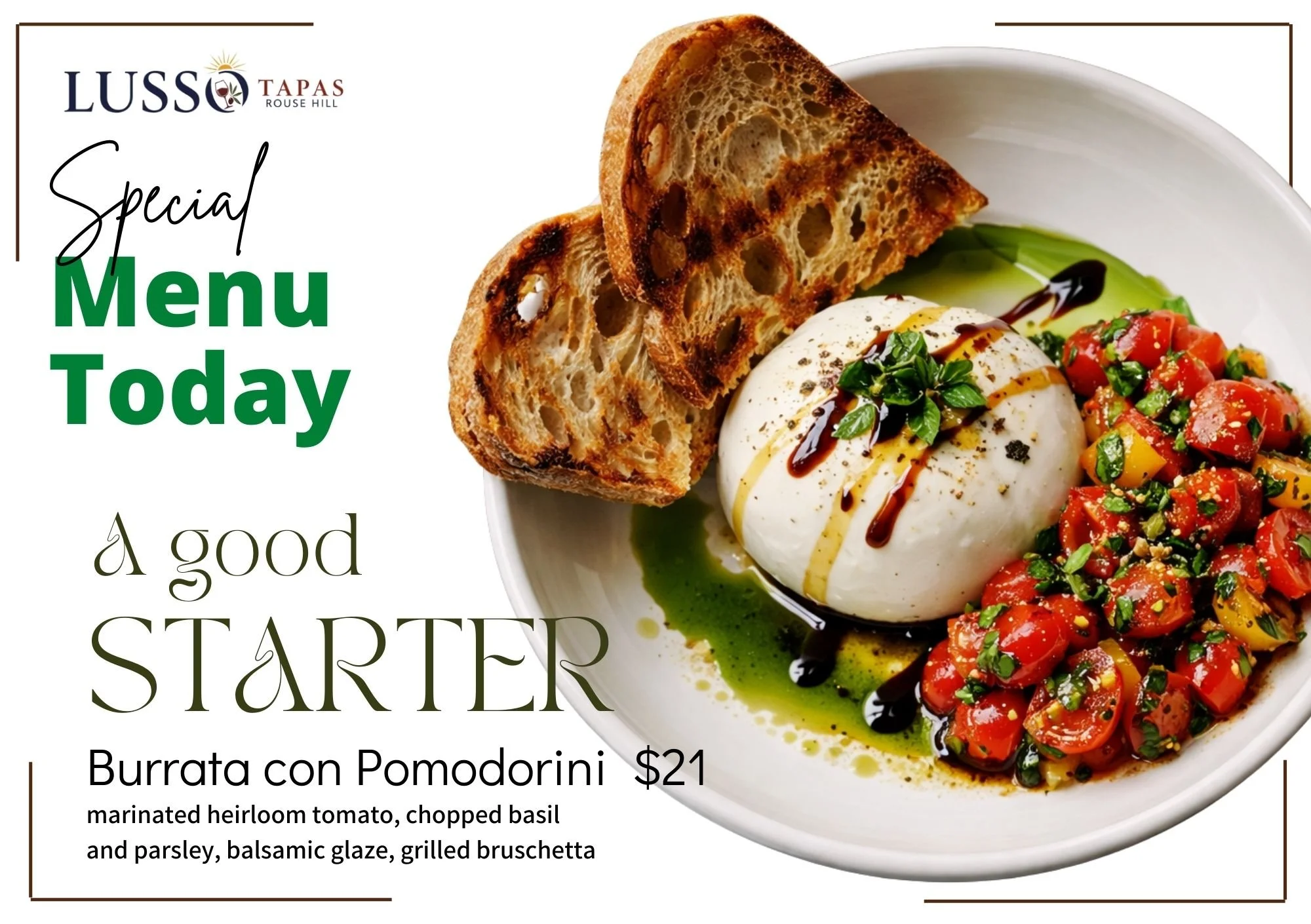 A restaurant menu featuring a dish called Burrata con Pomodorini, showing a bowl with burrata cheese topped with herbs and balsamic glaze, toasted bread slices, marinated heirloom tomato salad with chopped basil and parsley, all garnished with sauces