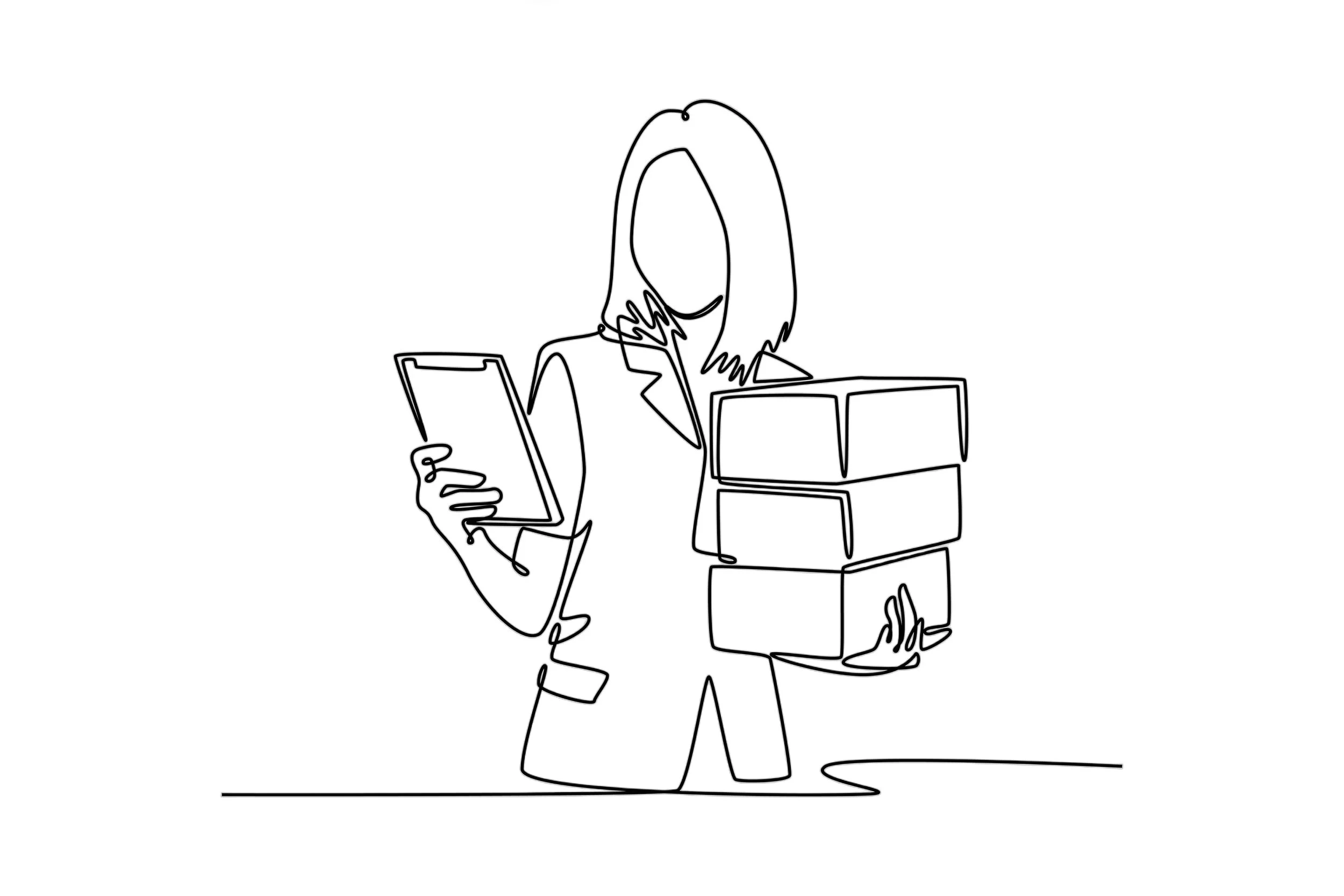 Line drawing of a person holding boxes and a clipboard