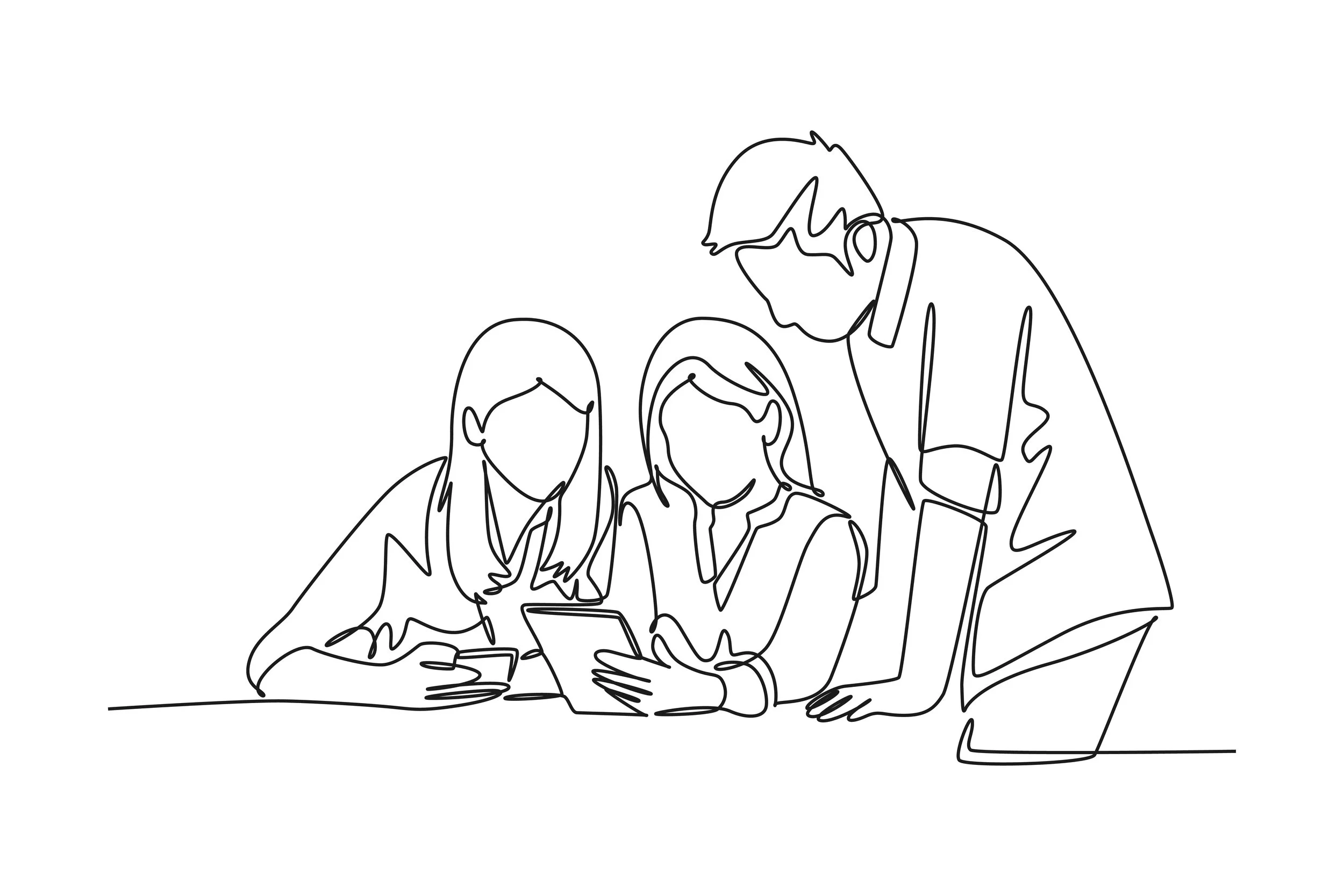 Line drawing of three people looking at electronic devices, two seated and one standing.