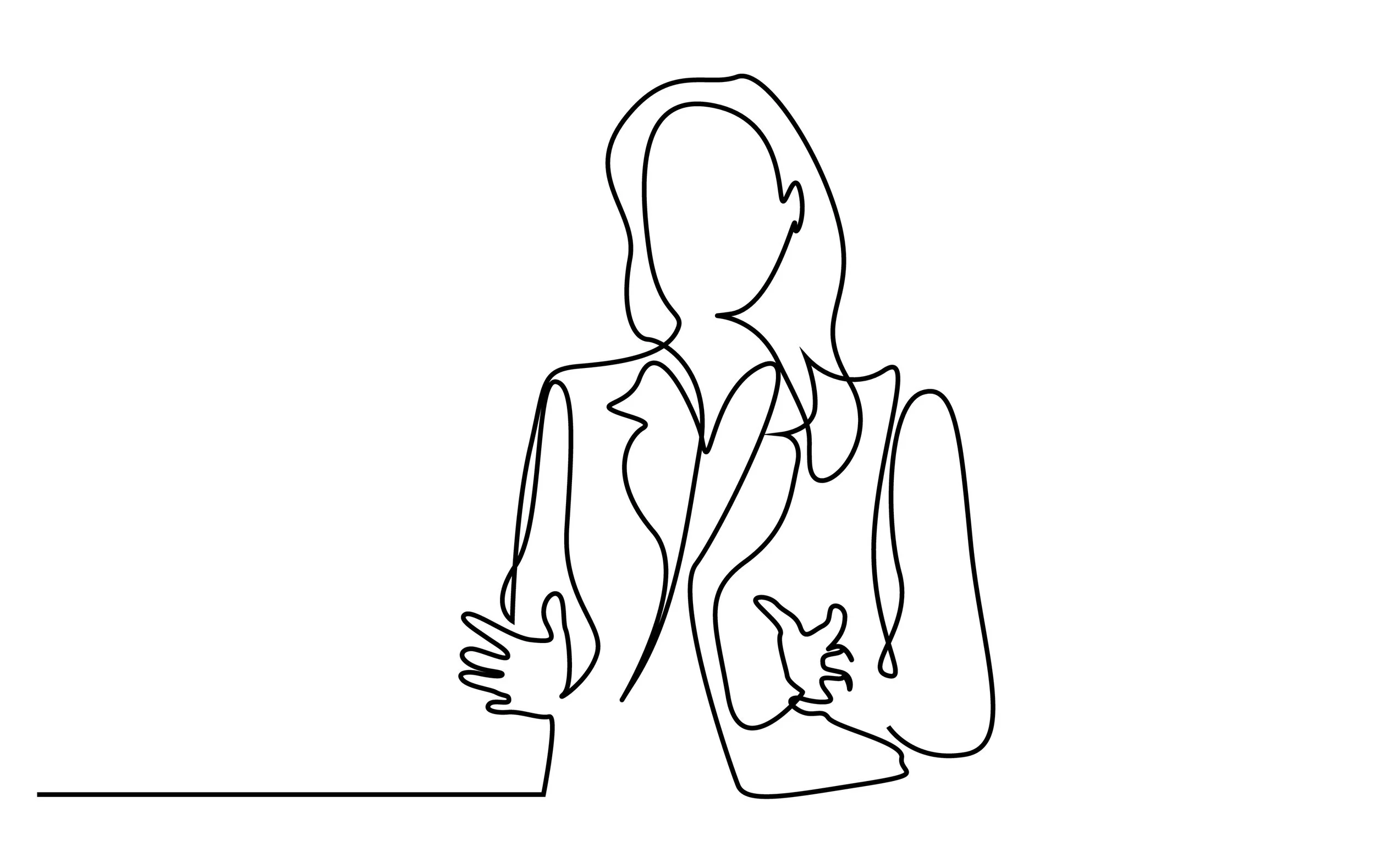 Continuous line drawing of a person gesturing, with long hair and a suit jacket.