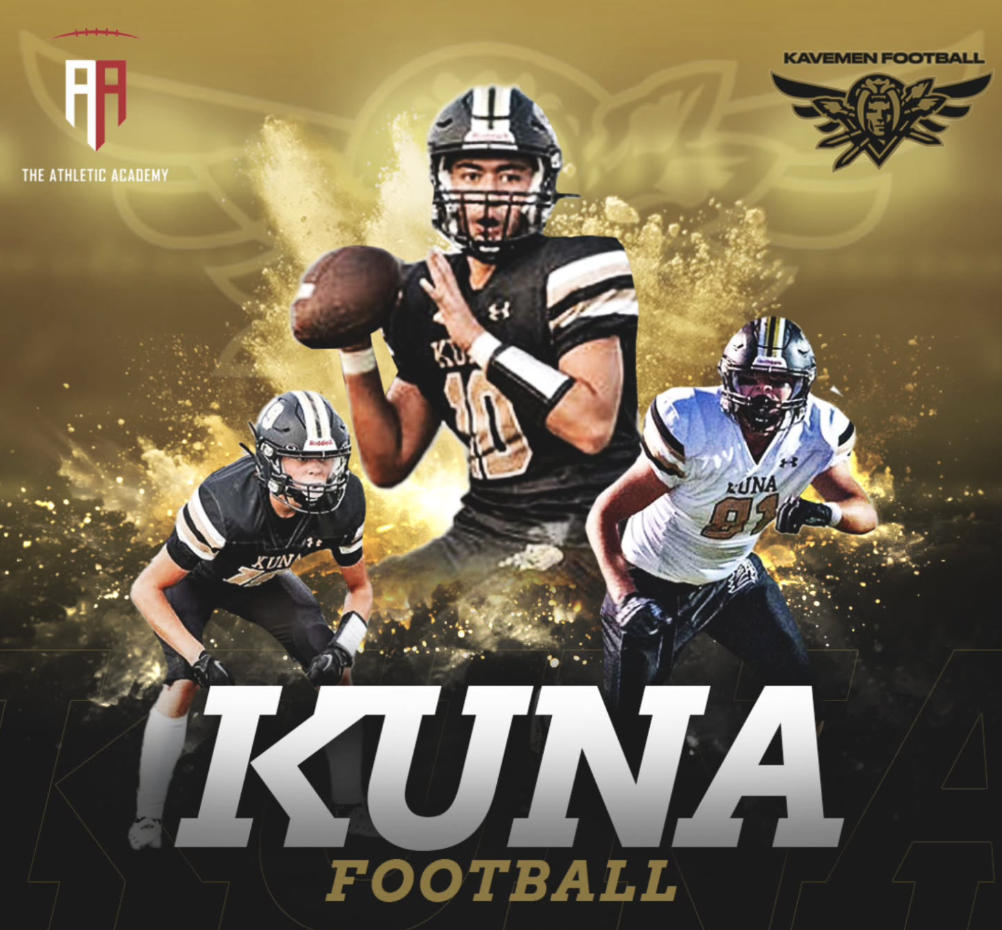 Collage of three football players from Kuna High School in black and white uniforms with "Kuna Football" text and logos from The Athletic Academy and Kavemen Football.