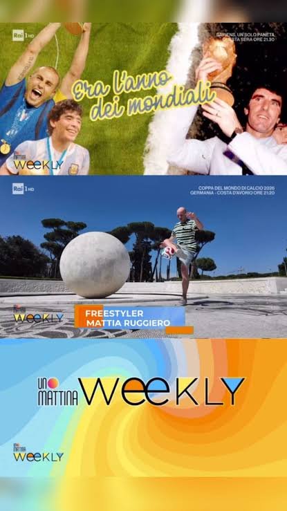 Mattia Ruggiero su Rai 1 per il programma Uno Mattina Weekly, calcio freestyle e skills a Roma per la rubrica Era l'anno dei Mondiali in occasione della Fifa World Cup 2026 freestyler italy