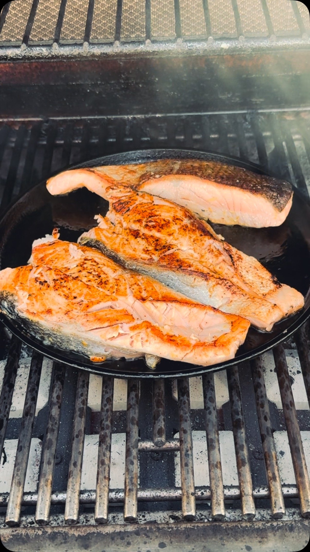 A crackling masterpiece of caramelized salmon, kissed by the heat of cast-iron perfection.