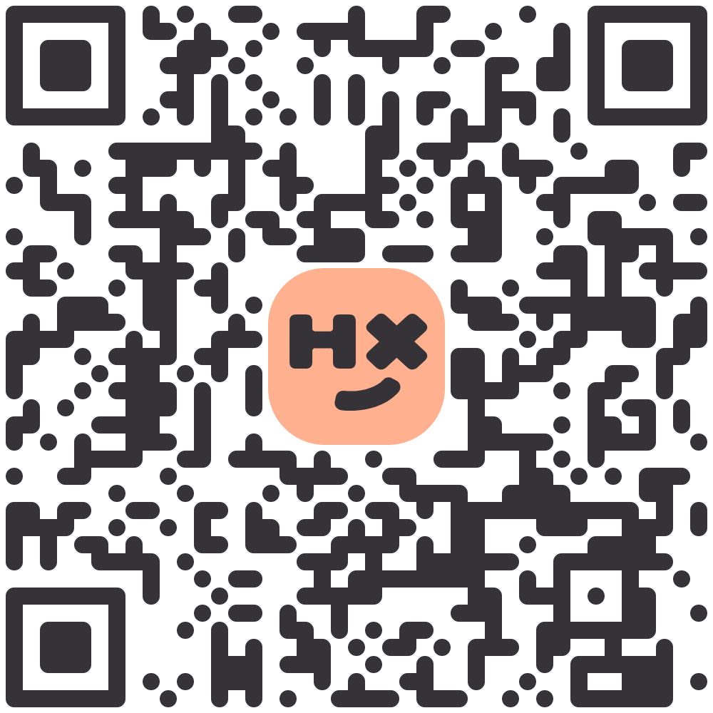 A QR code with a cartoon face in the center, featuring a peach-colored background, black 'X' eyes, and a small smiling mouth.