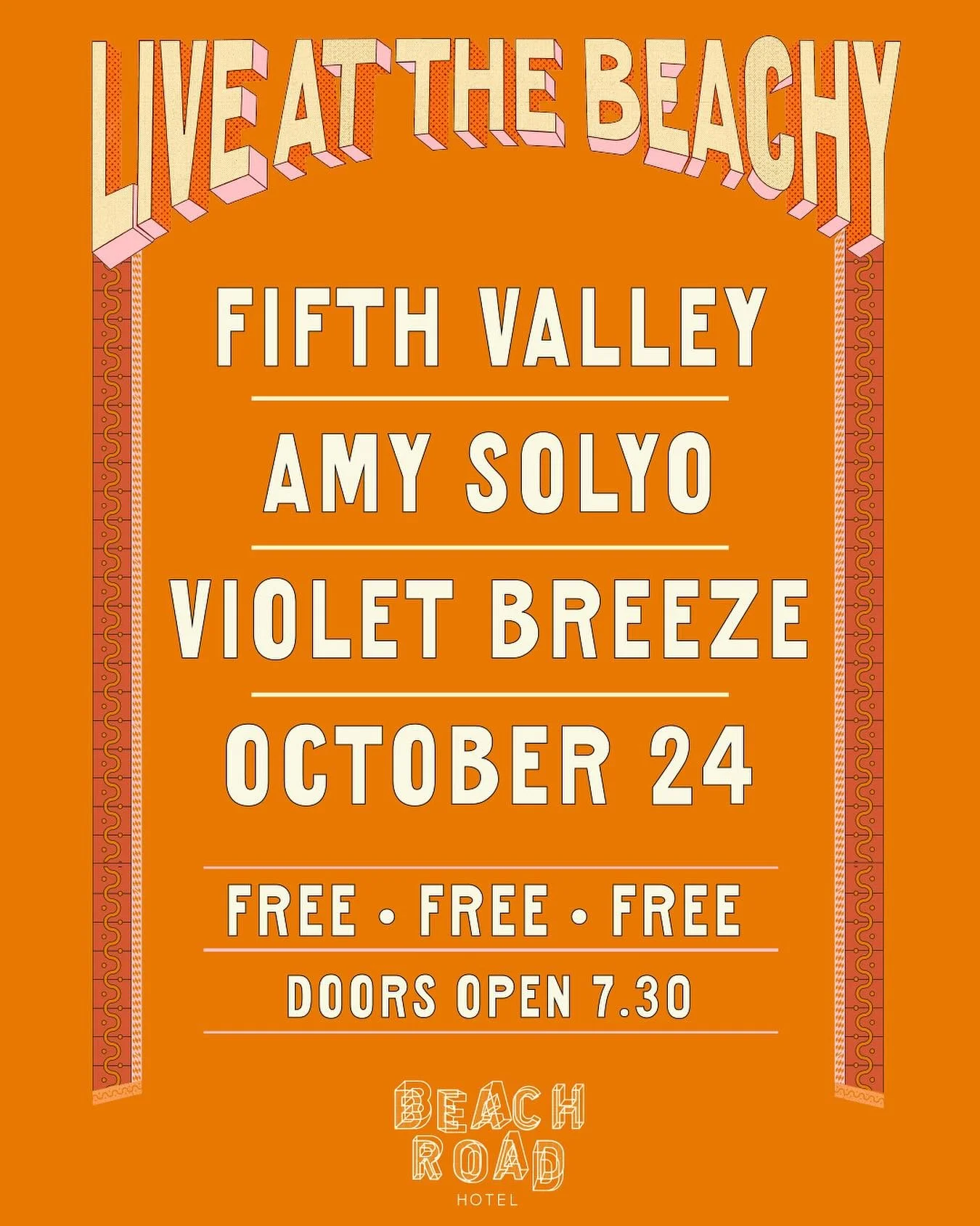 Live at The Beachy this Thursday, Oct 24 🎶
@fifthvalley_ @amy.solylo & @violetbreezeband — free entry. 
We’ll see you there 🍻