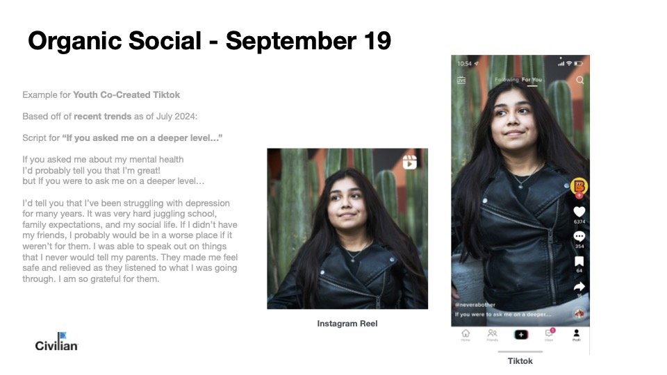 presentation slide showing social media content for organic social on September 19. Includes an Instagram Reel and TikTok featuring a person in a black leather jacket, with script text about mental health.