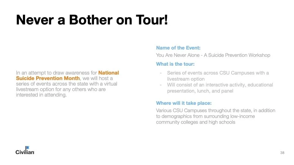 Promotional image for a suicide prevention event titled "Never a Bother on Tour!" The event, "You Are Never Alone - A Suicide Prevention Workshop," offers a series of events across CSU campuses with livestream options. The event includes interactive activities, educational presentations, lunch, and a panel. It targets campuses and surrounding communities for National Suicide Prevention Month. Presented by Civilian.