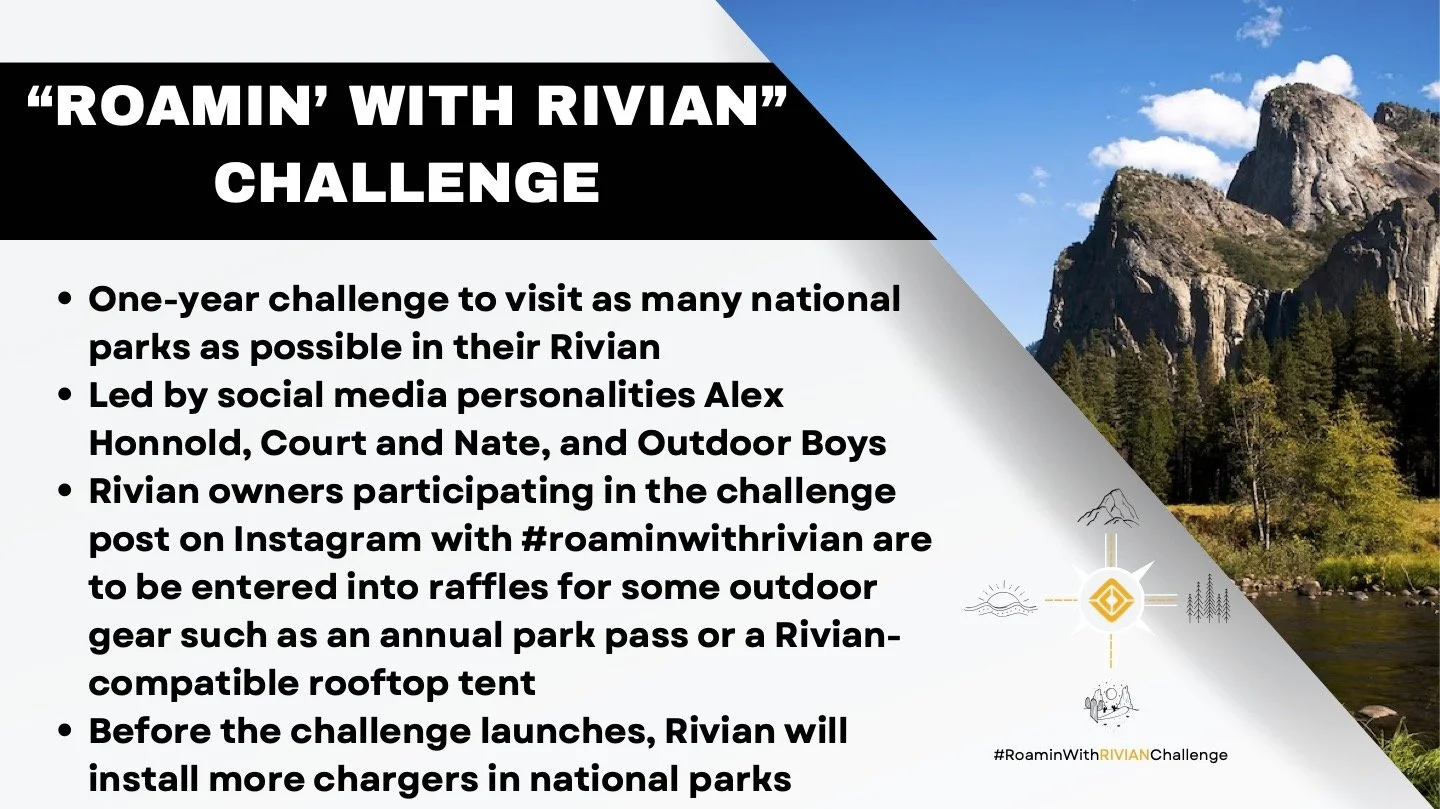 "Roamin' with Rivian" Challenge poster featuring a scenic mountain landscape, text details about a one-year national park challenge led by social media personalities, and incentives for participants using the hashtag #roaminwithrivian. Includes logos and icons related to outdoor adventures.