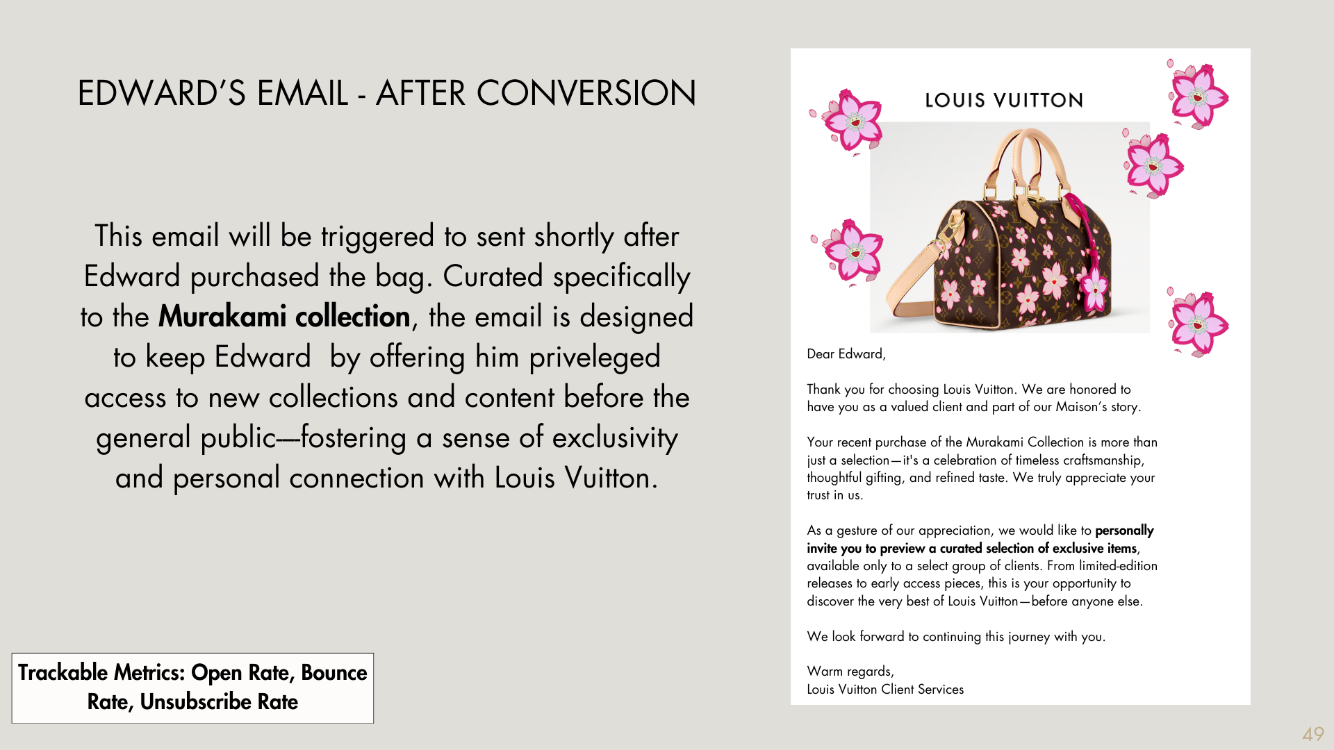 Email demonstrating a post-purchase message for Edward's Louis Vuitton bag from the Murakami collection, thanking him and offering exclusive previews.