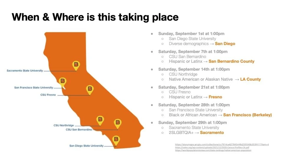 Map of California with event details and dates; events at universities in San Diego, San Bernardino County, LA County, Fresno, San Francisco, and Sacramento; held on Sundays in September at 1:00pm.