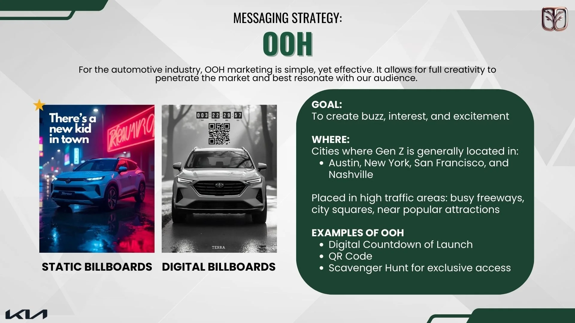 Automotive marketing strategy slide for OOH advertising, featuring static and digital billboards of a car model with text highlighting goals, target cities like Austin and New York, and examples like QR codes.