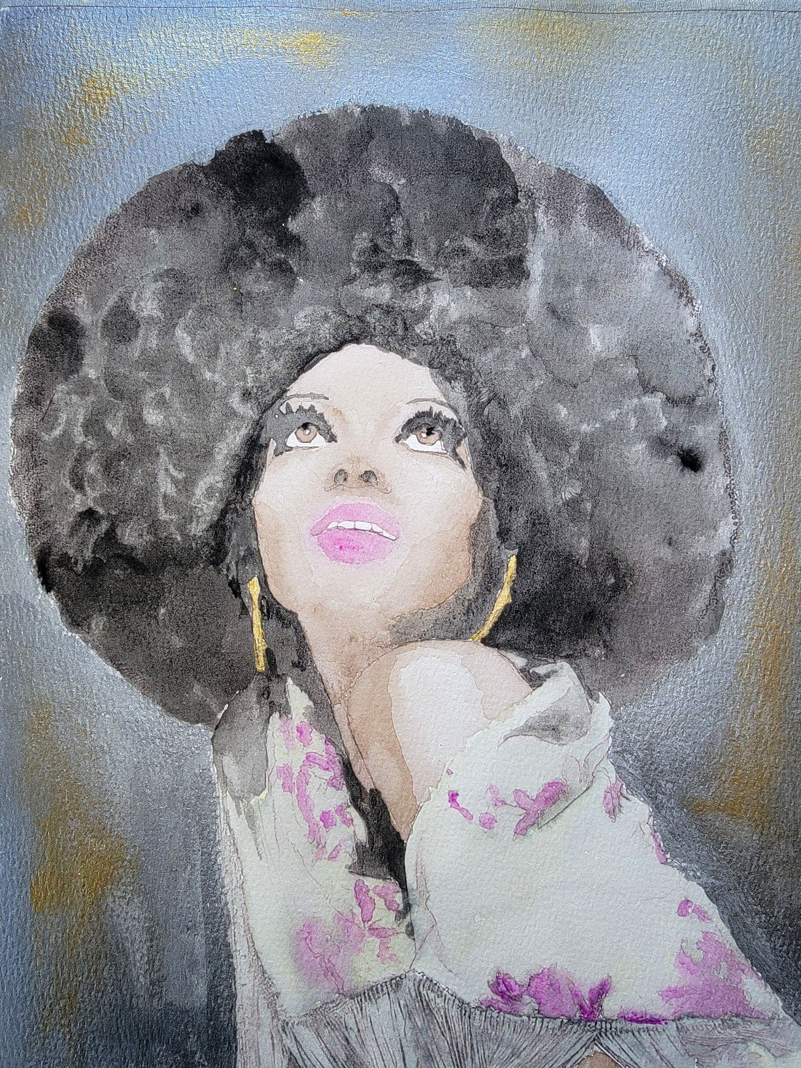 Diana Ross - This portrait radiates the opulence and charisma of the 1970s through rich textures, vivid floral details, and a background awash in silver and gold.