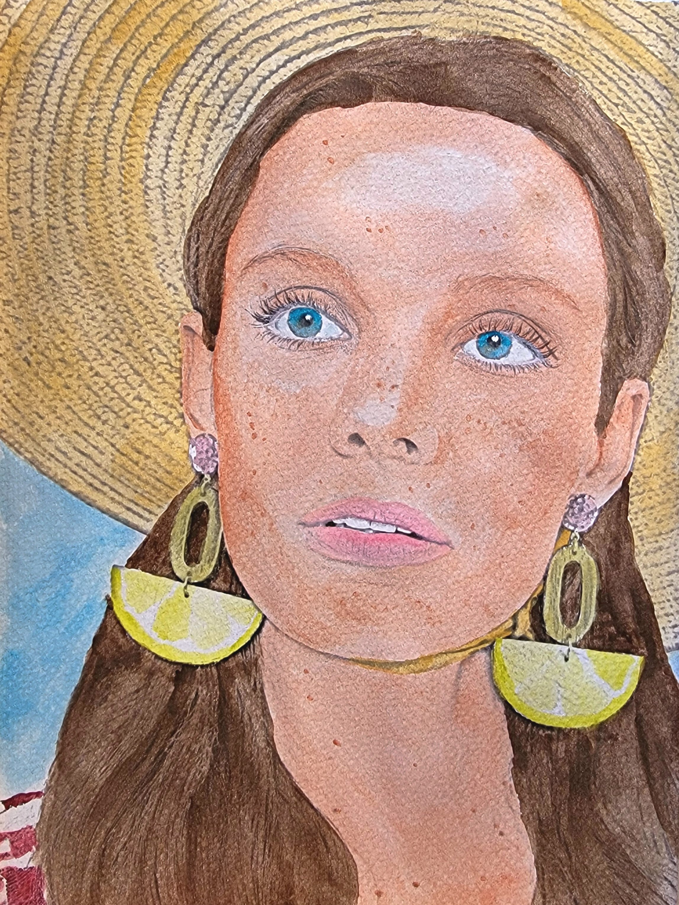 Summertime - This piece radiates warmth and playfulness through vibrant citrus earrings and a sun-kissed expression that evokes the carefree essence of the season.