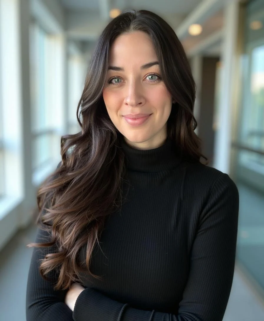 A woman with long wavy dark hair wearing a black turtleneck smiling in a well-lit indoor space with large windows.