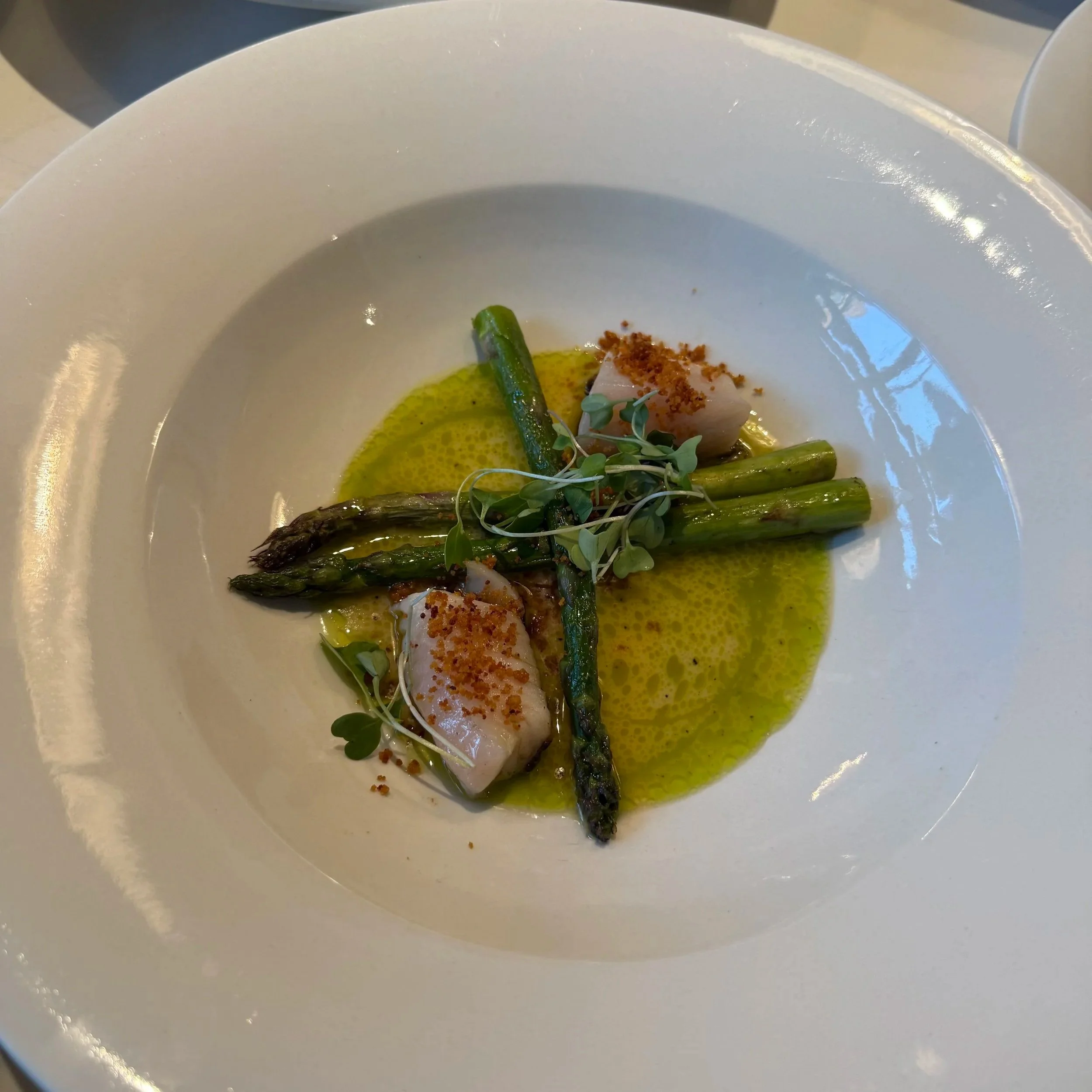 SEARED SABLEFISH, MISO BEURRE BLANC, POACHED ASPARAGUS, HERB OIL, BROWN BUTTER CRUMB