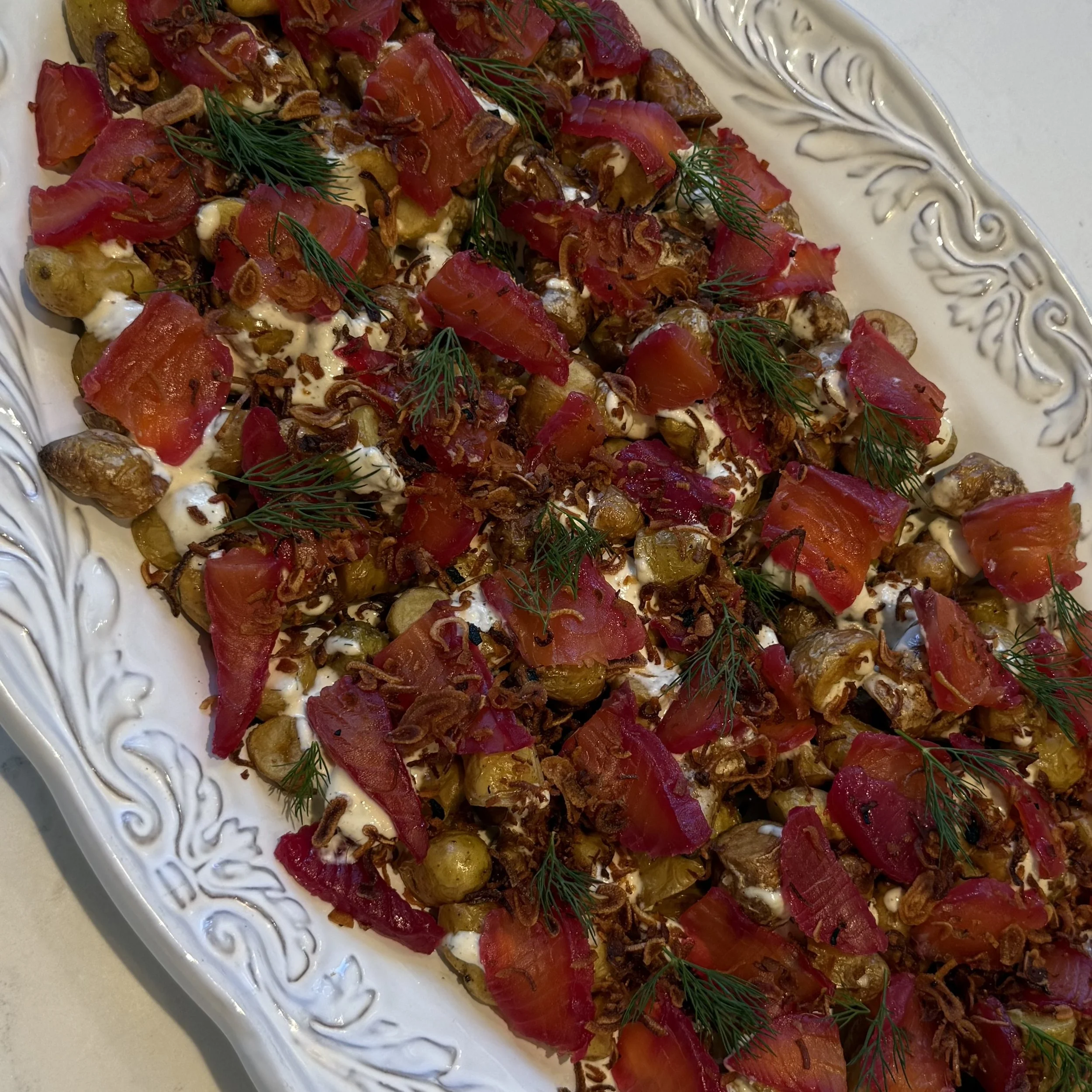 NEW POTATOES, BEET GRAVLAX, FRESH DILL, HORSERADISH AIOLI, FRIED SHALLOTS