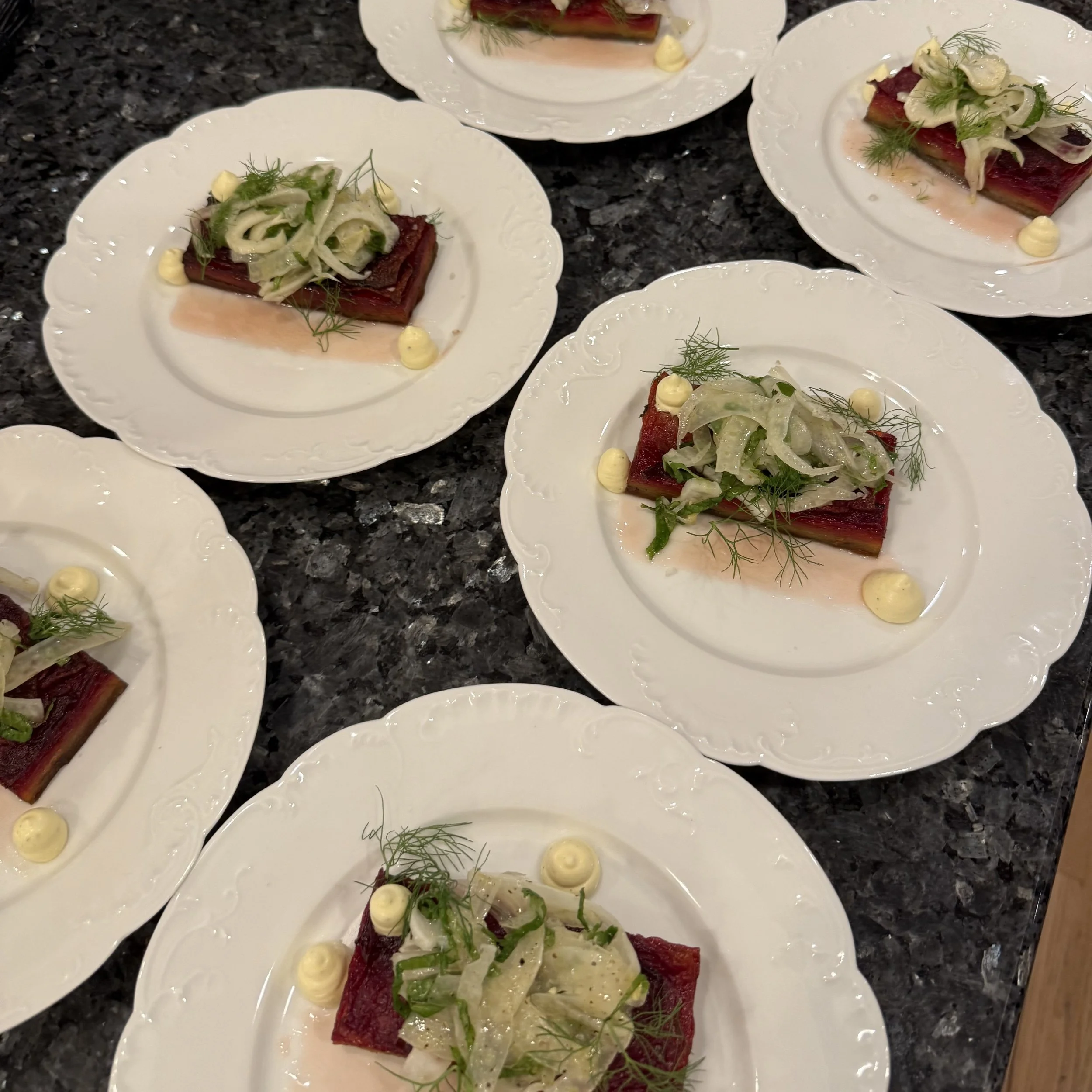 MIXED ROOT PAVE, BLOOD ORANGE GEL, FENNEL SALAD, PARM CUSTARD