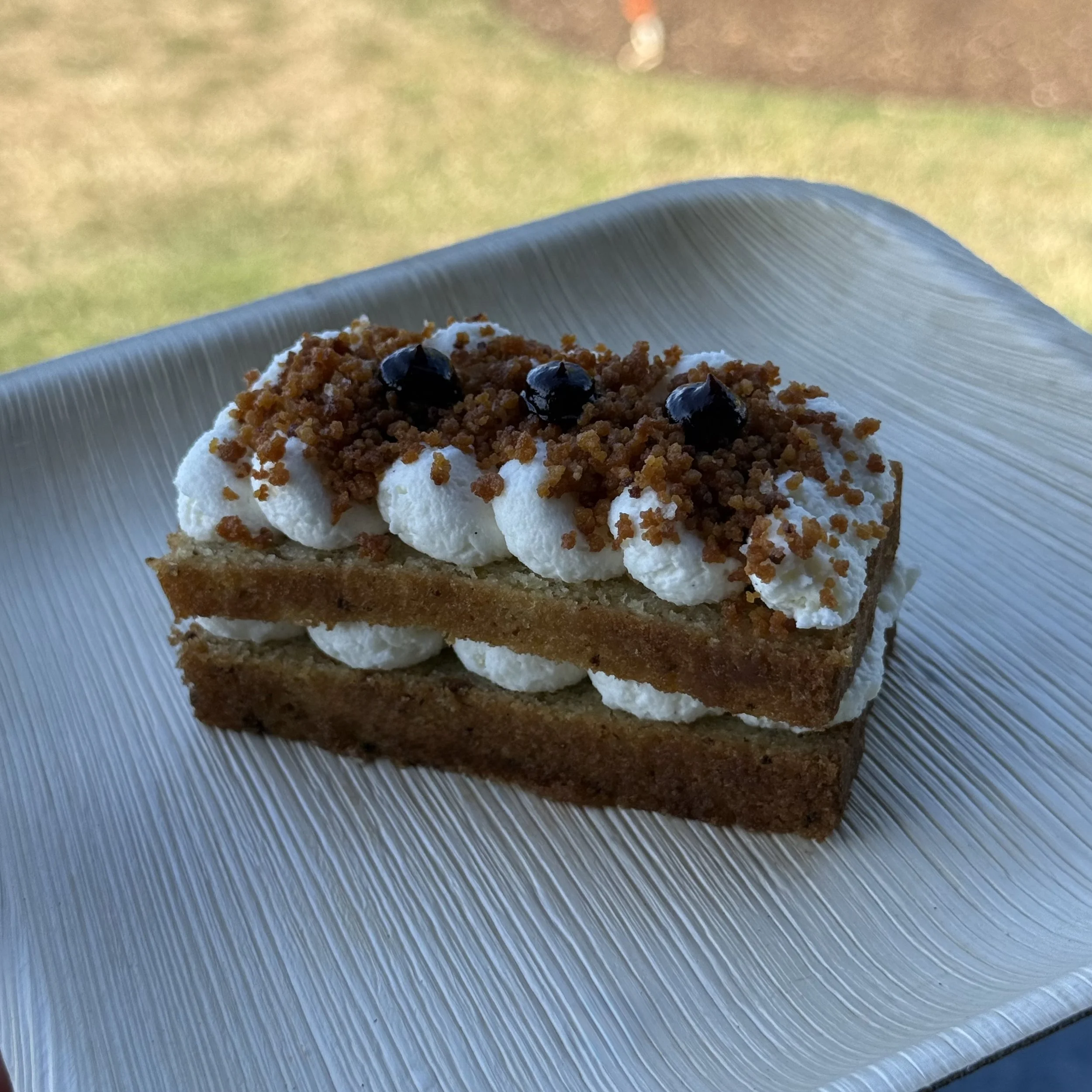 CHAMOMILE LOAF CAKE, LEMON CHANTILLY, BLACKBERRY GEL, BROWN BUTTER CRUMB