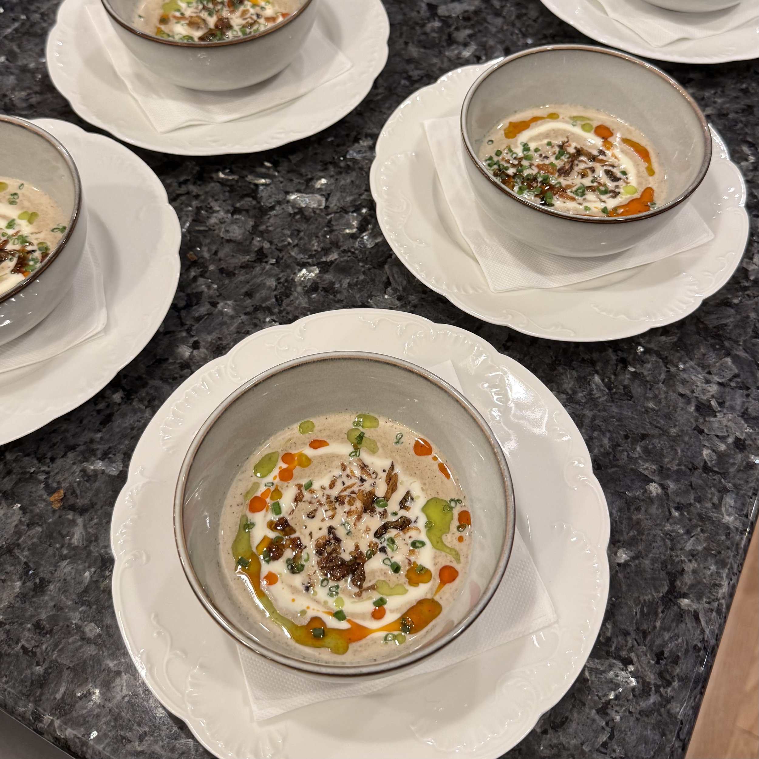 MUSHROOM VELOUTE, POTATO CRUMB, WILD MUSHROOMS, SMOKED PAPRIKA OIL, HERB OIL