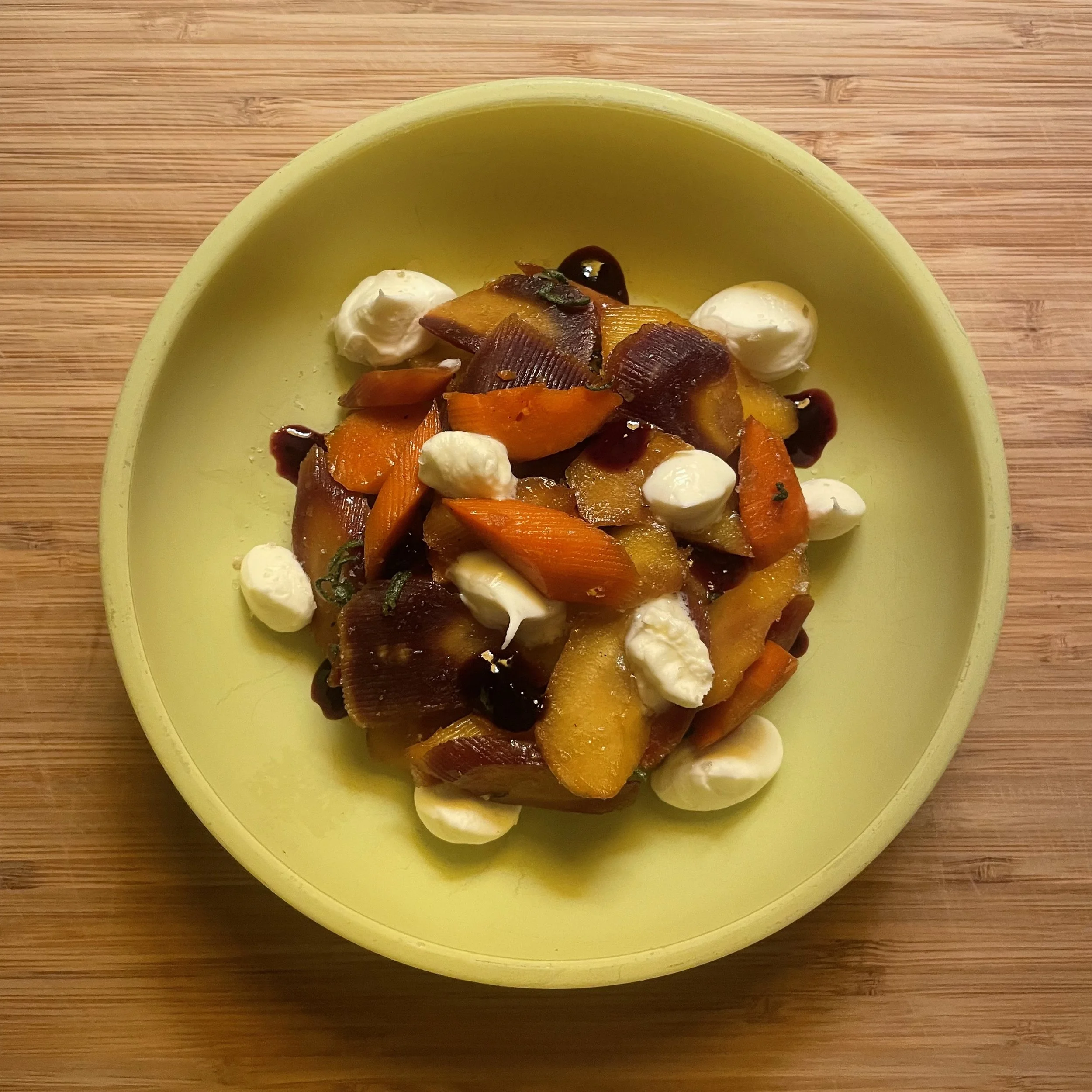 HEIRLOOM CARROTS, TOASTED HAZELNUTS, WHIPPED CHEVRE, SABA, BASIL