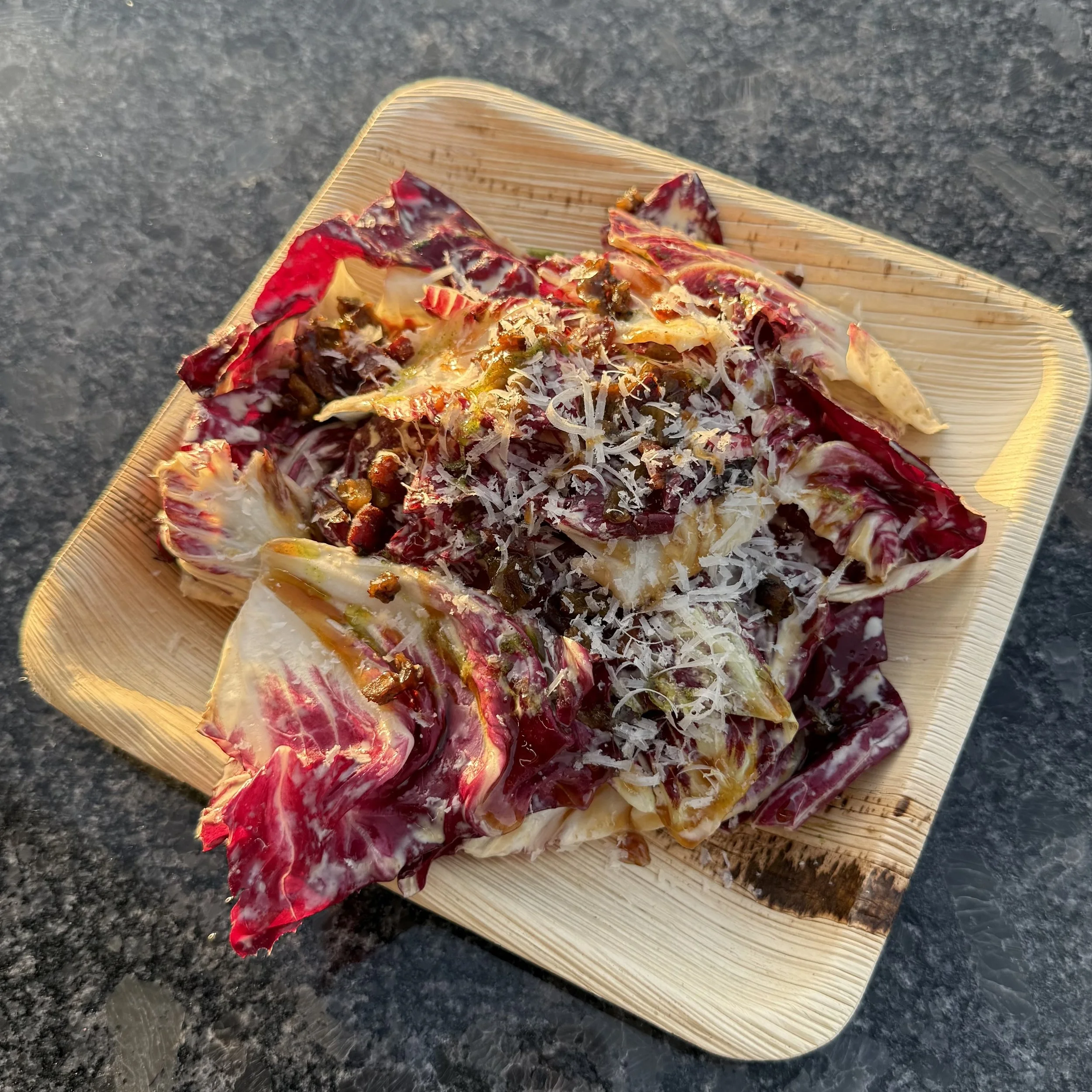 RADICCHIO, TAHINI, GINGER, PARMIGIANO REGGIANO, SPICY EGGPLANT, PORK LARDONS, FISH SAUCE CARAMEL, THAI BASIL OIL