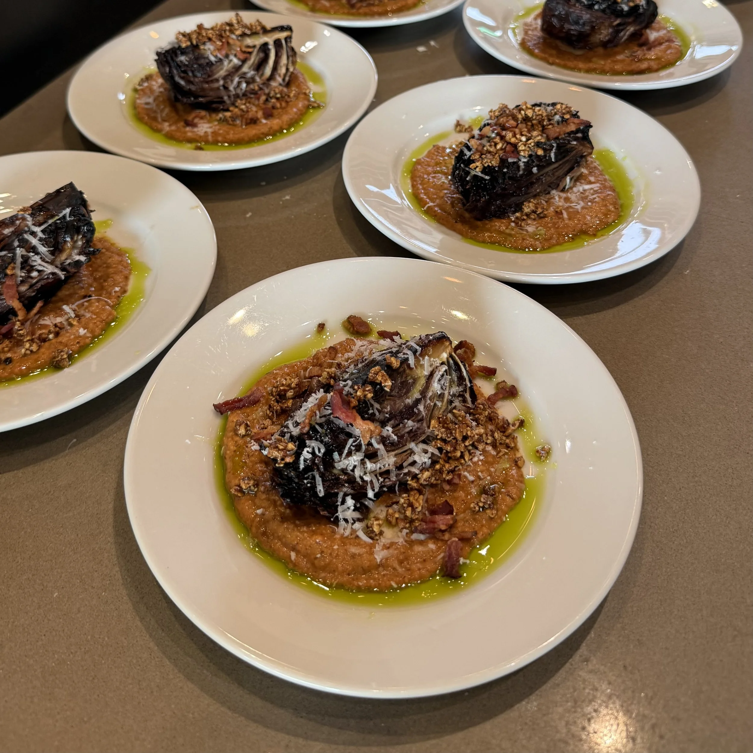 SPICY ROMESCO, BRAISED RADICCHIO, PECORINO, LARDONS, HERB OIL