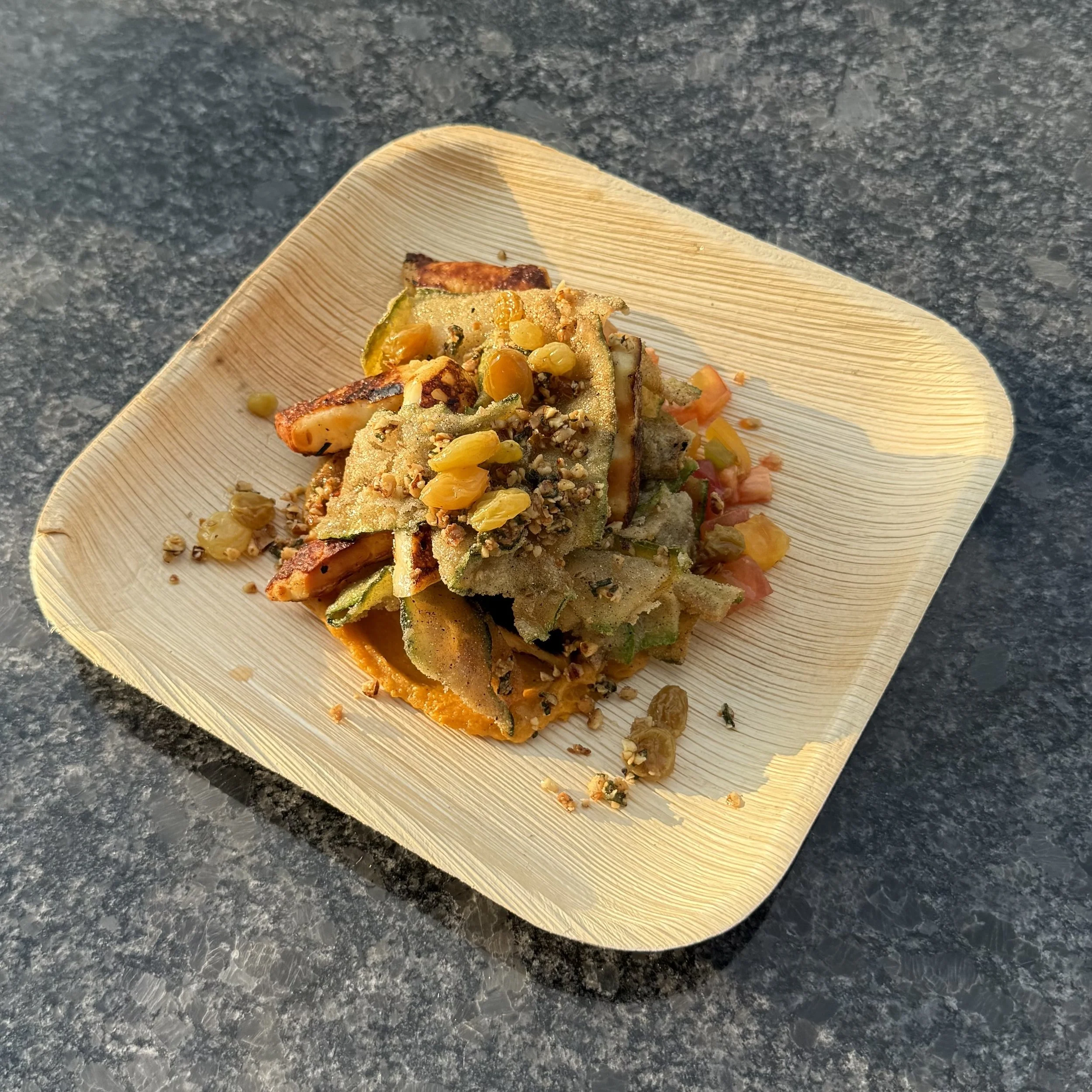 BUTTERNUT PURÉE, FRIED ZUCCHINI, TOASTED ALMONDS, PICKLED RAISINS