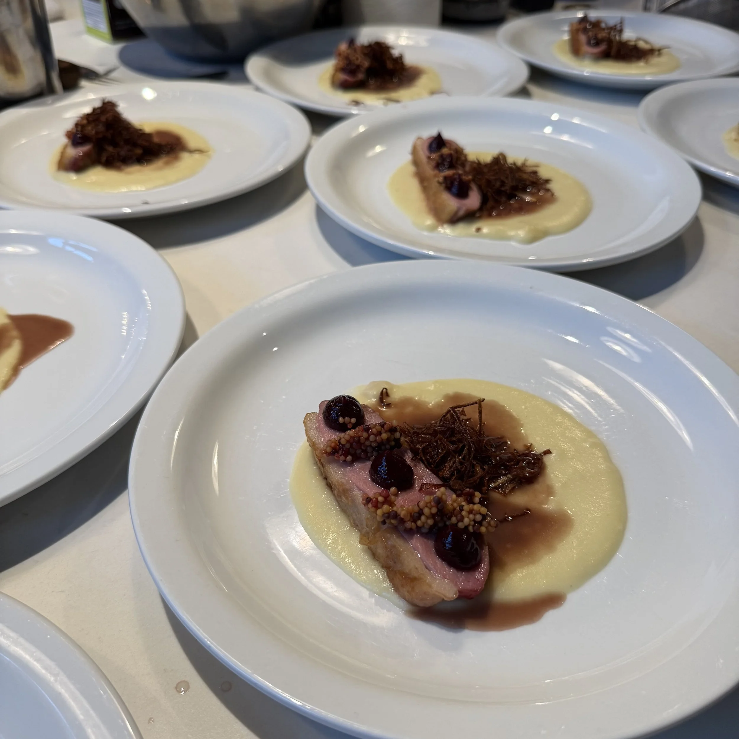 POMME PURÉE, PAN-SEARED DUCK, SOUR CHERRY MOSTARDA, FRIED SHALLOTS