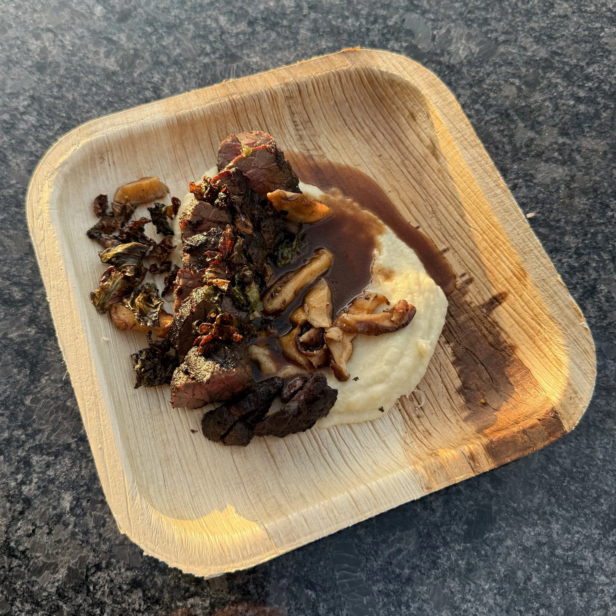 ROOT PURÉE, FIVE-SPICED HANGER, GRILLED SHIITAKES, GOCHUJANG BORDELAISE, FRIED BRUSSELS