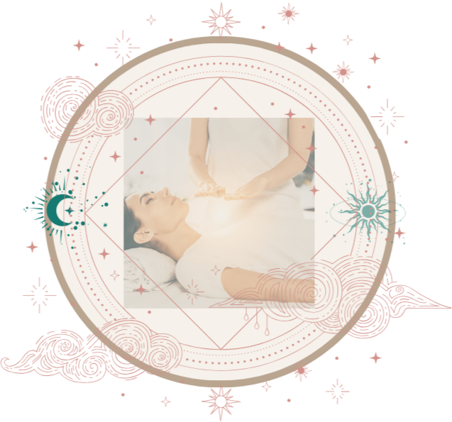 A woman lying on her back with eyes closed, receiving a treatment or massage from a practitioner. The scene is framed within a decorative, celestial-themed illustration with stars, clouds, and other mystical symbols.