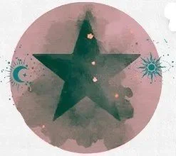 A black star with small circular decorations inside, surrounded by illustrations of a moon and a sun on a pink circular background.