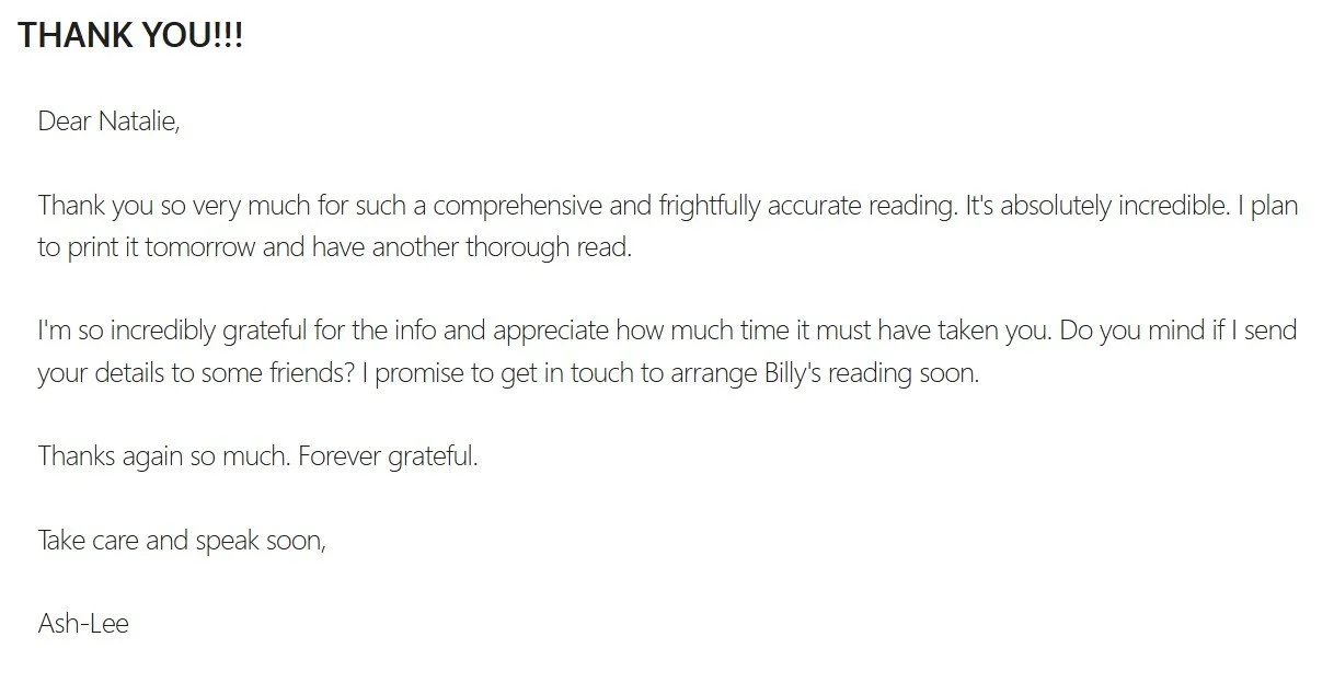 Screenshot of a thank you letter addressed to Natalie, expressing gratitude for accurate reading and promising to arrange reading for Billy, signed by Ash-Lee.