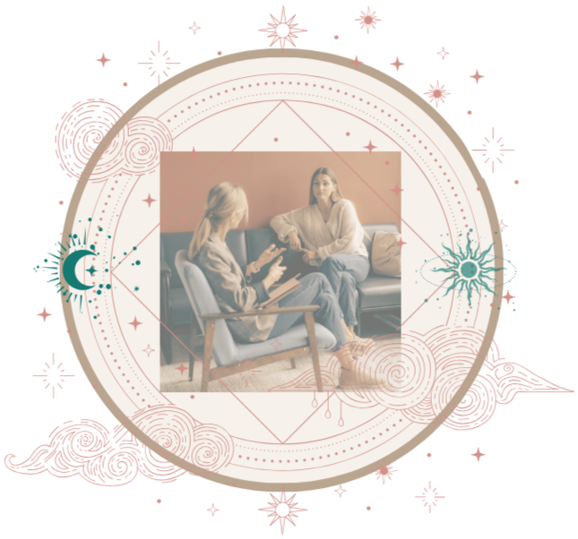 Two women seated on a sofa and a chair engaged in a conversation inside a geometric and celestial-themed illustration.
