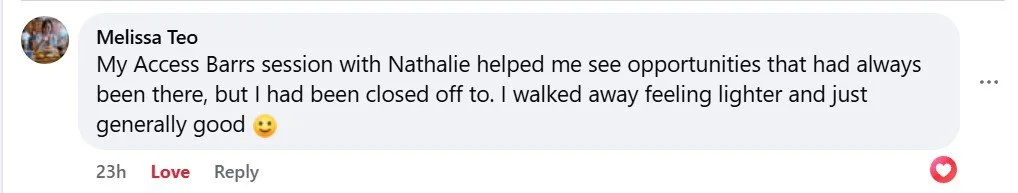 Screenshot of a social media comment from Melissa Teo discussing a session with Nathalie and its positive impact