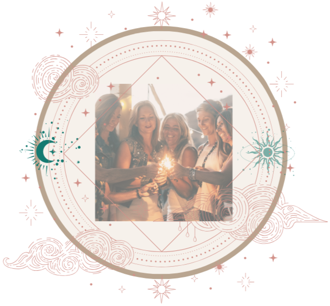 A group of five women smiling and holding sparklers at sunset, surrounded by a celestial and mystical decorative frame with cosmic and astrological symbols.