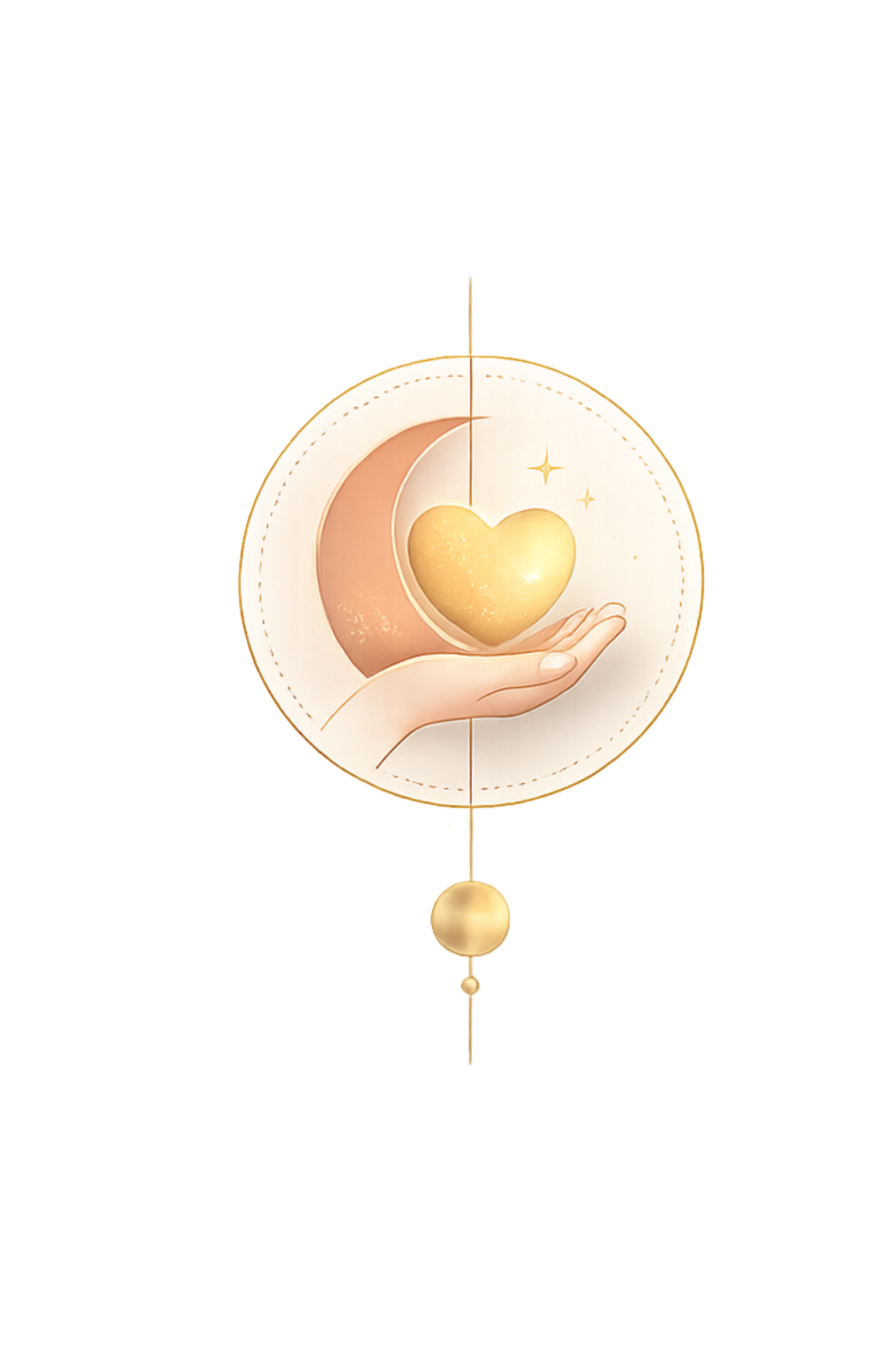 A watercolor painting of a pink heart surrounded by celestial and sun-like symbols.