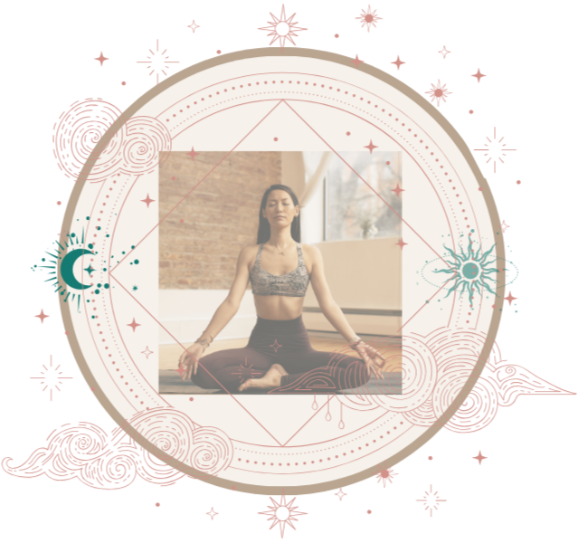 A woman practicing yoga in a seated meditation pose, sitting cross-legged with hands resting on her knees, eyes closed in a peaceful indoor setting.