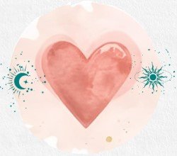 A watercolor painting of a pink heart surrounded by celestial and sun-like symbols.