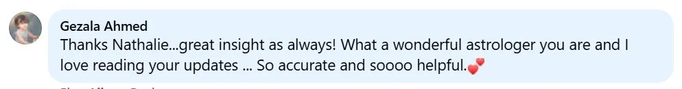 Screenshot of a social media comment with a person's profile picture, name, and a message praising Nathalie for her astrology insights.