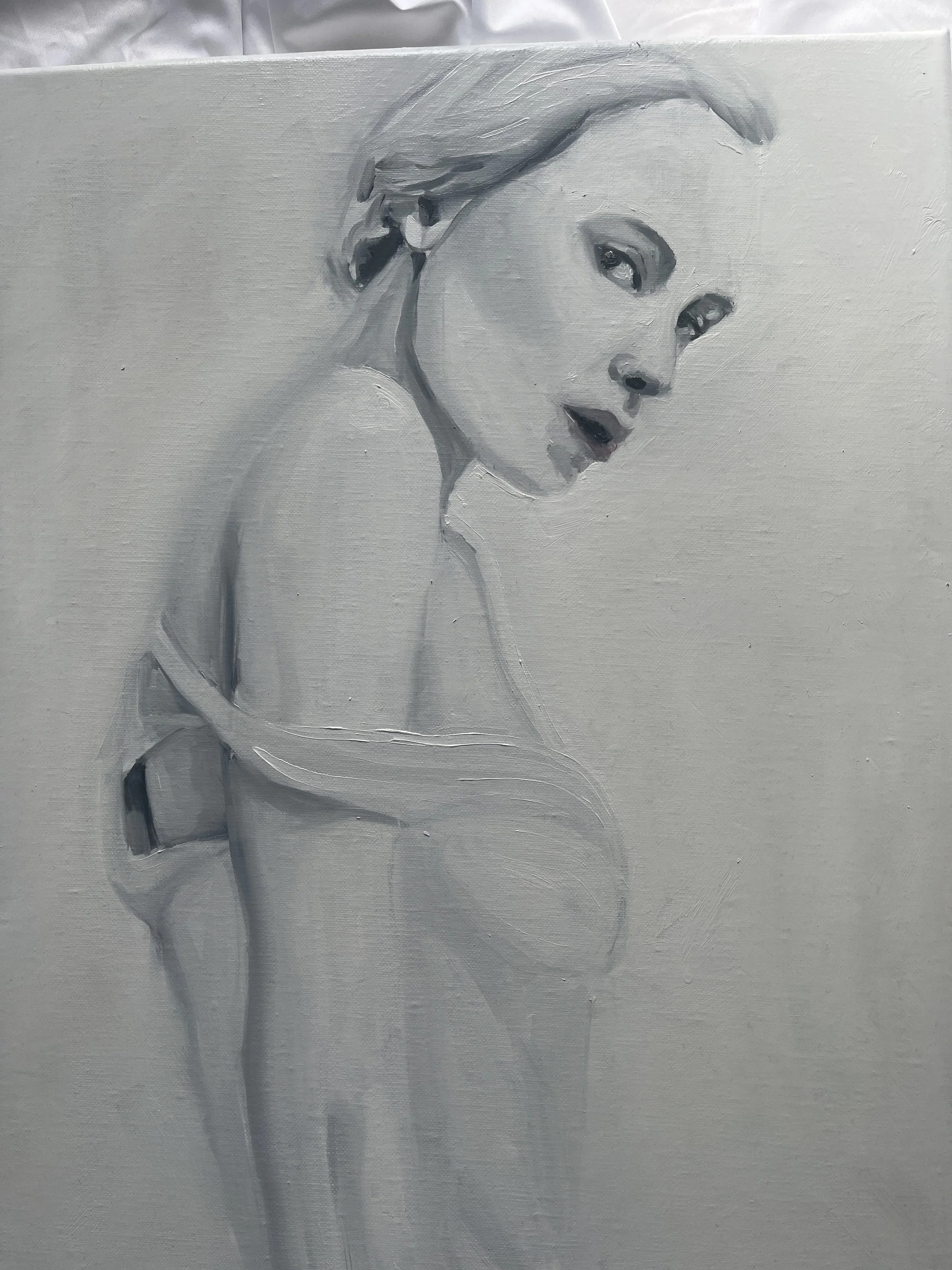 A monochrome painting of a woman with short hair, looking over her shoulder with an open mouth and expressive eyes.