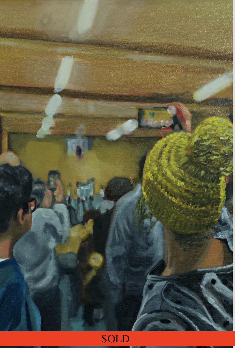 A painting of a busy indoor market scene with people shopping and socializing. People are seen from behind, wearing various clothing including a woman in a yellow knitted hat.