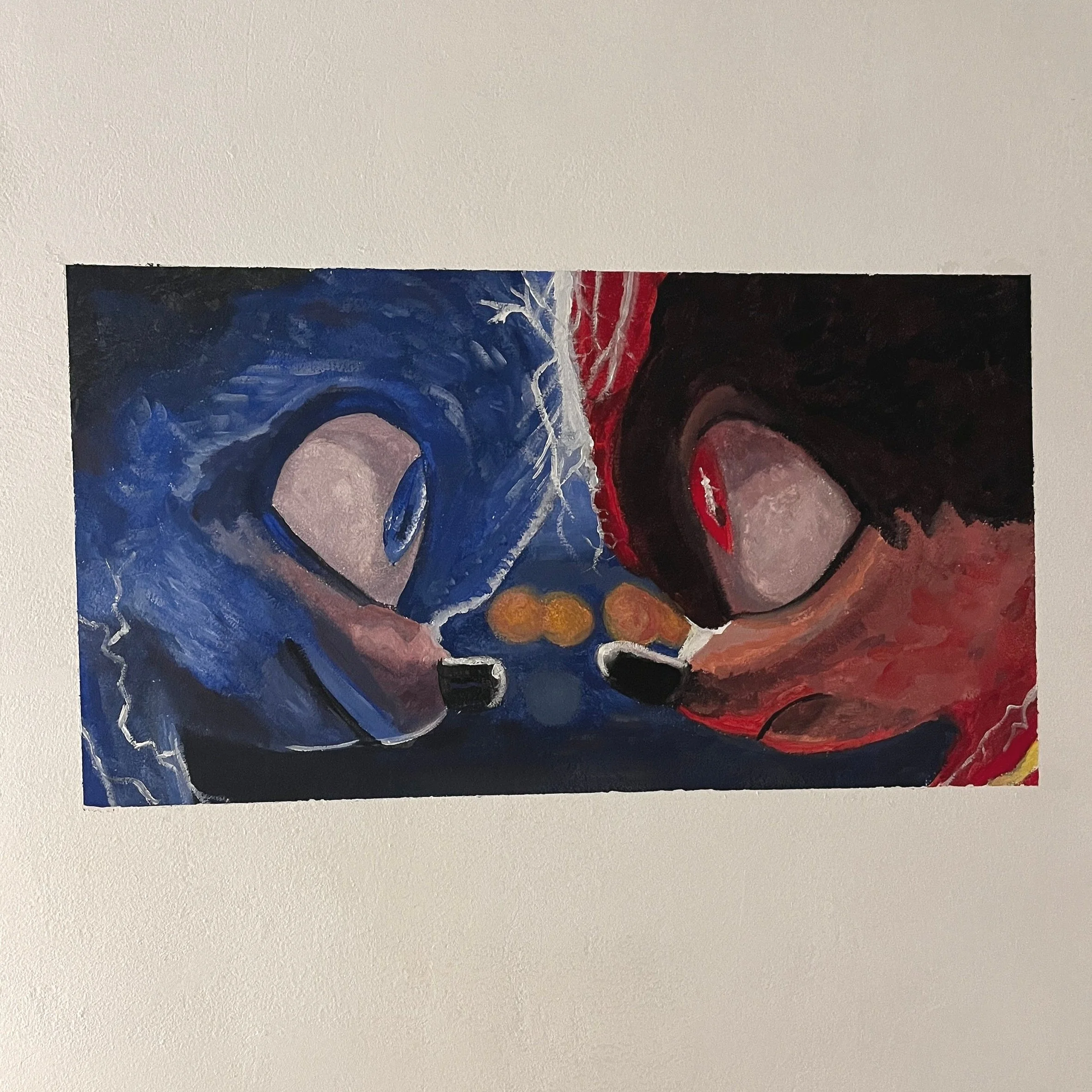A painting of two figures with face masks, one in blue and one in red, facing each other with bright orange circles and lightning-like streaks between them.