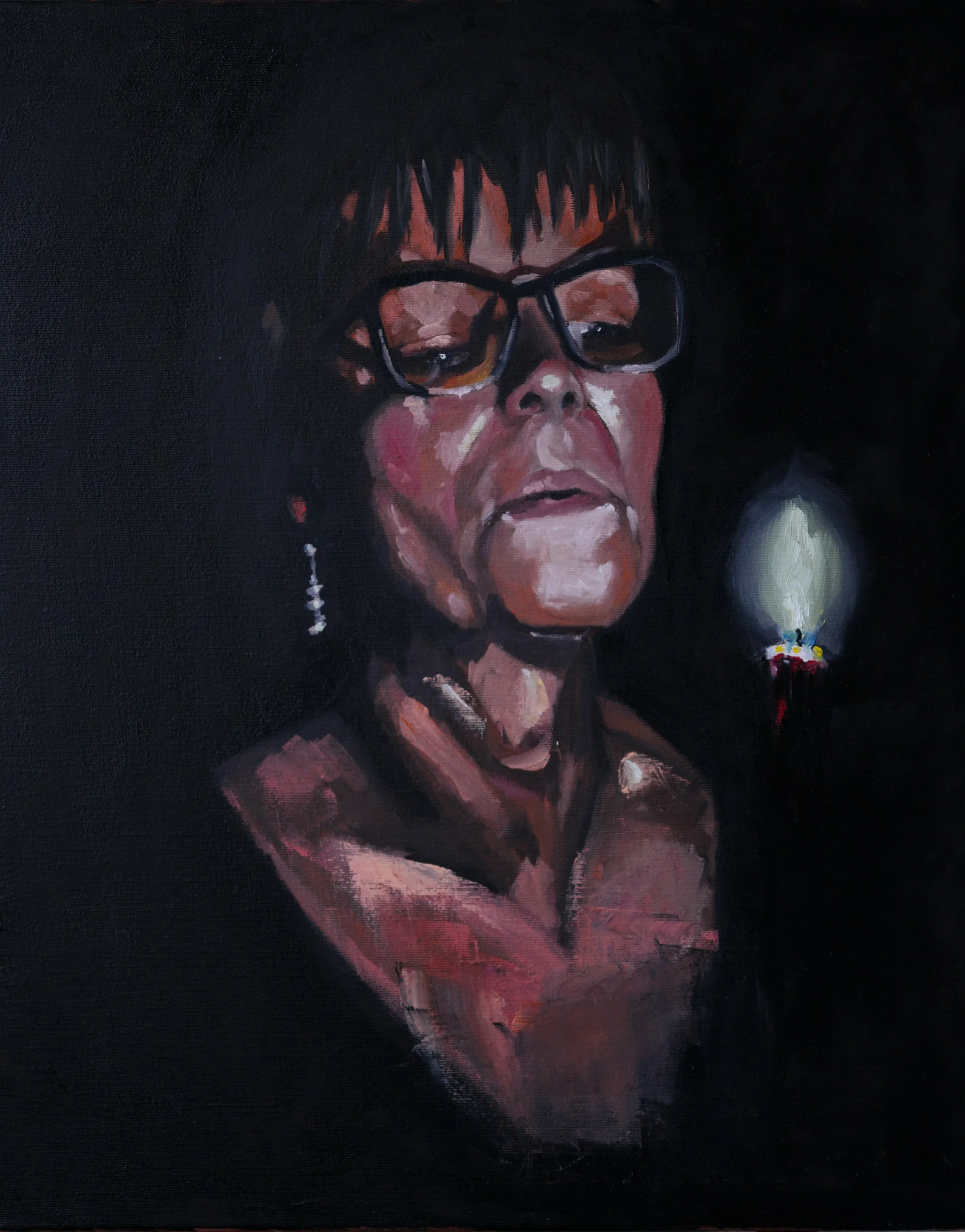 A painting of an older woman wearing glasses and earrings, with short dark hair, looking thoughtful, and a lit birthday candle in the background.